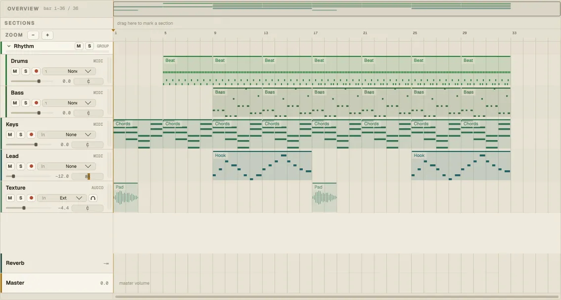 The Arrangement with the whole demo song in view: the Rhythm group, Keys, Lead and Texture