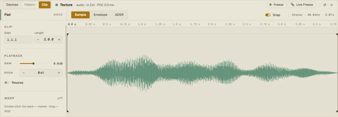 An audio clip in the clip editor: Sample tab with the waveform, clip start and length, gain and pitch