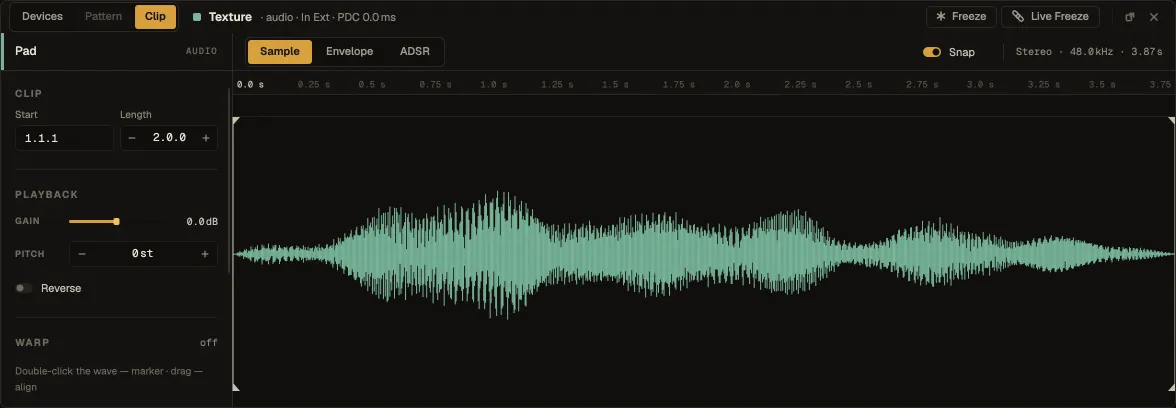 An audio clip in the clip editor: Sample tab with the waveform, clip start and length, gain and pitch