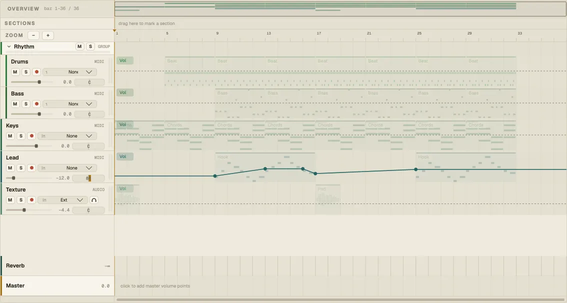 Automation mode in the Arrangement: the Lead track's volume lane with a curve across the song