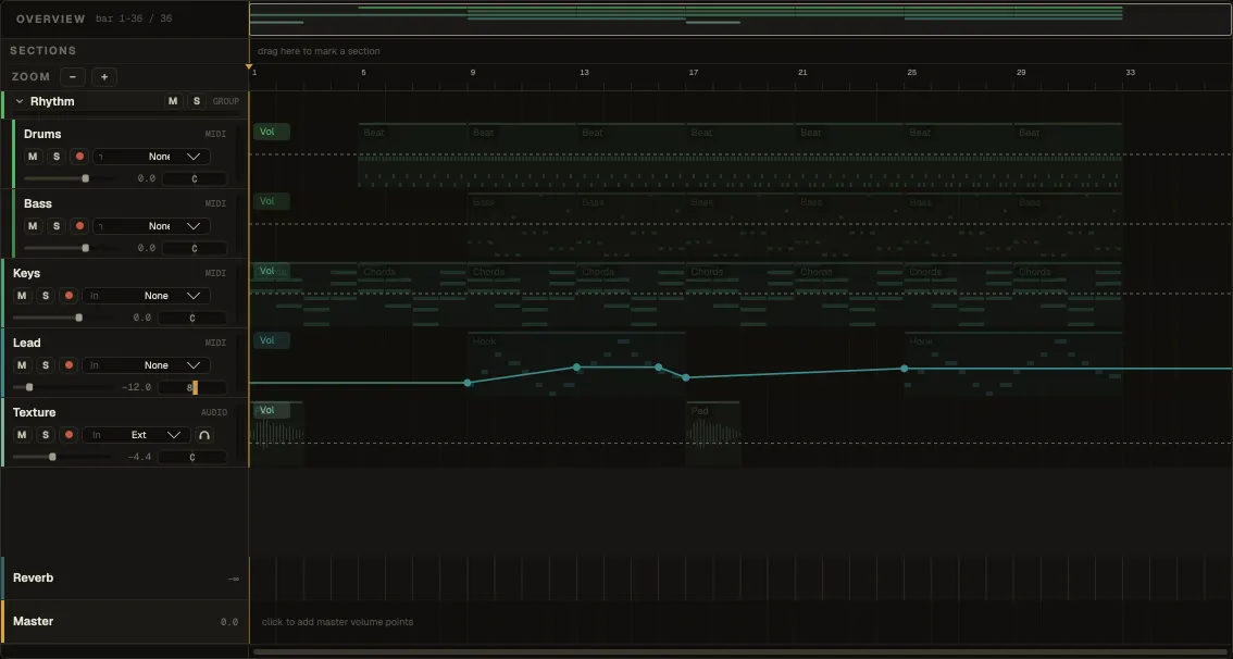 Automation mode in the Arrangement: the Lead track's volume lane with a curve across the song