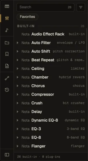 The Audio effects tab of the browser