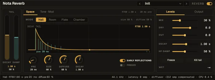 Nota Reverb, Space tab with the decay-tail window