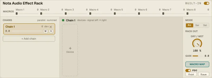 Nota Audio Effect Rack: macros, the chain list and the selected chain