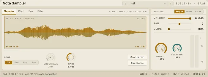 Nota Sampler, Sample tab with a loaded sample