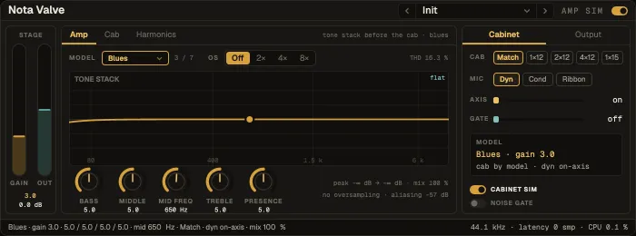 Nota Valve, Amp tab with the tone stack response