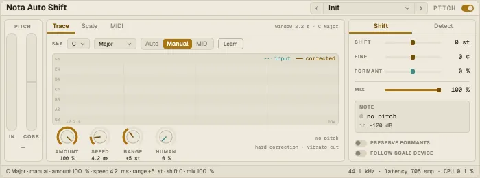 Nota Auto Shift, Trace tab with detected and corrected pitch