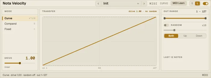 Nota Velocity: mode, the transfer curve with the last notes, the output range
