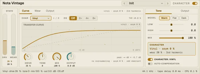 Nota Vintage, Curve tab with the transfer curve