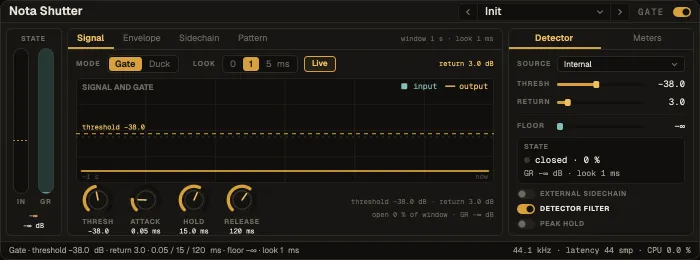 Nota Shutter, Signal tab with the input and the gated output