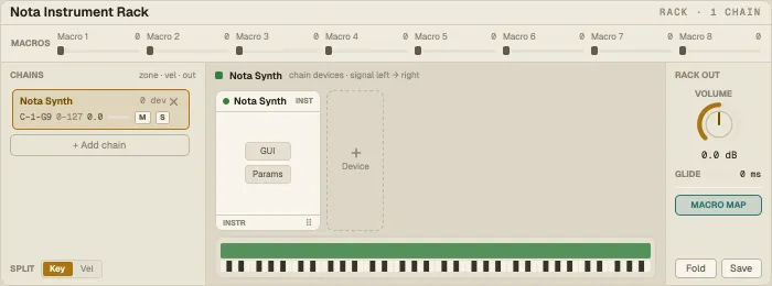 Nota Instrument Rack: macros, the chain list and the selected chain's devices