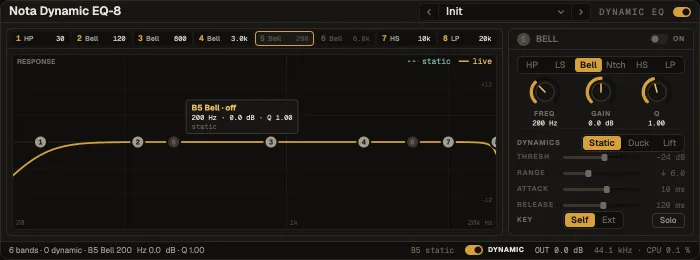 Nota Dynamic EQ-8 with the response graph and the band panel