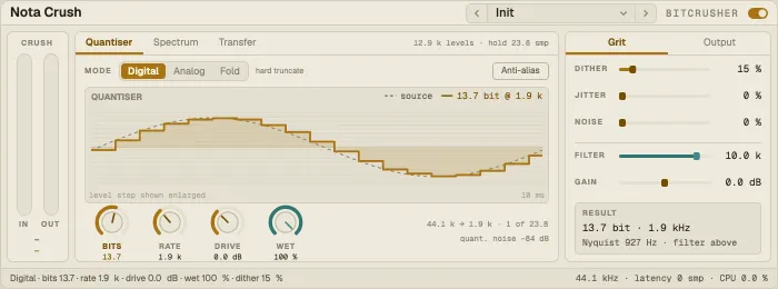 Nota Crush, Quantiser tab with the held and quantised steps