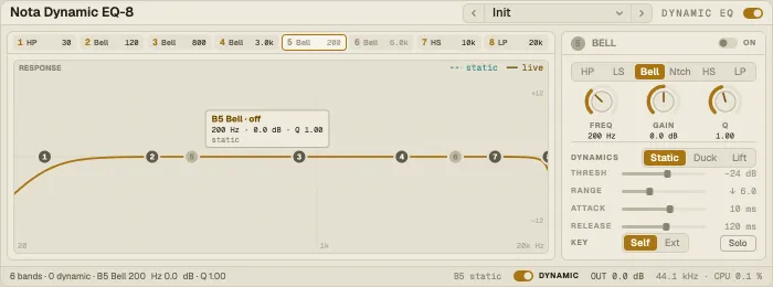 Nota Dynamic EQ-8 with the response graph and the band panel