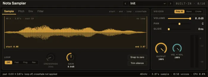 Nota Sampler, Sample tab with a loaded sample