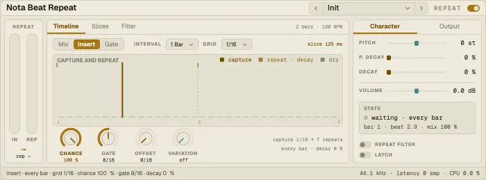 Nota Beat Repeat, Timeline tab with capture and repeats over two intervals