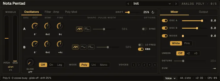 Nota Pentad, Oscillators tab