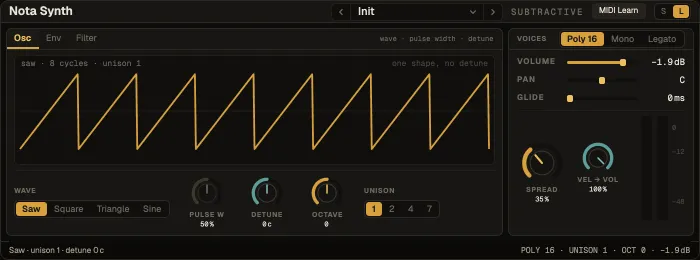 Nota Synth in its large view, Osc tab