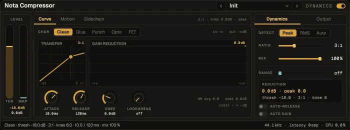 Nota Compressor, Curve tab with the transfer curve and reduction history