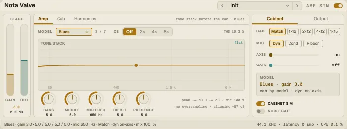 Nota Valve, Amp tab with the tone stack response