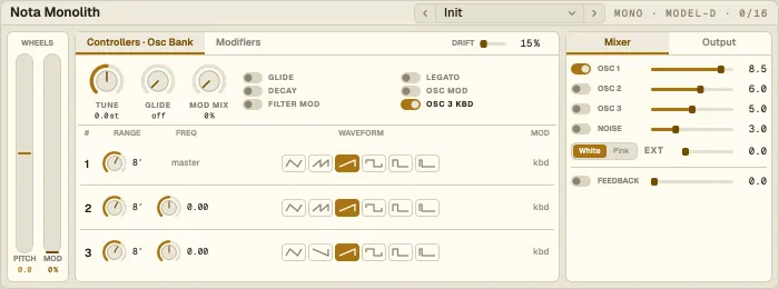 Nota Monolith, Controllers · Osc Bank tab