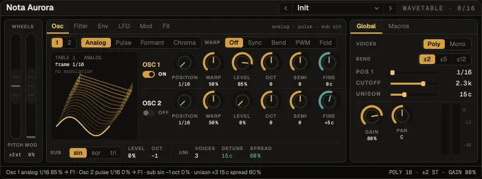 Nota Aurora, Osc tab with the wavetable stack