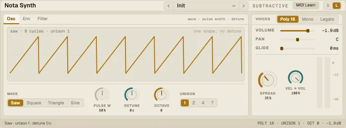 Nota Synth in its large view, Osc tab