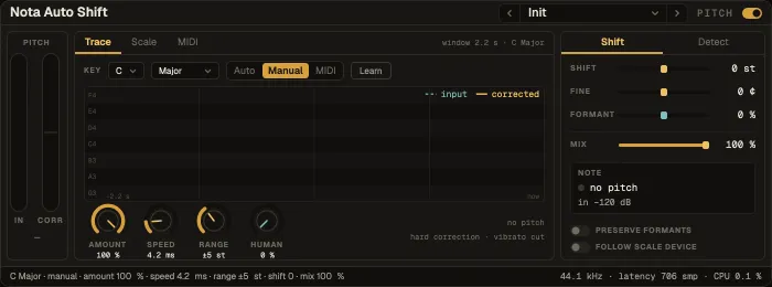 Nota Auto Shift, Trace tab with detected and corrected pitch