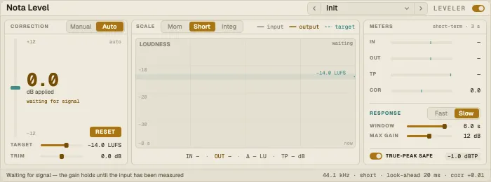 Nota Level: the correction, 8 seconds of loudness against the target, the meters