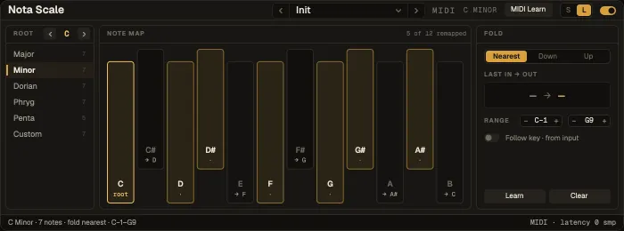 Nota Scale: root and type, the note map and the fold settings