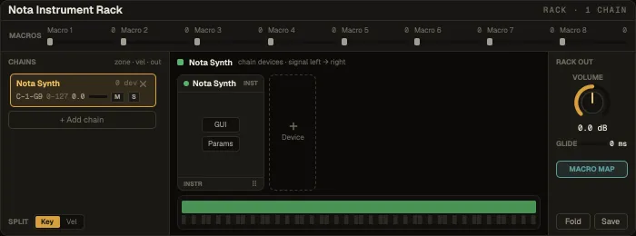 Nota Instrument Rack: macros, the chain list and the selected chain's devices