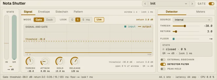 Nota Shutter, Signal tab with the input and the gated output