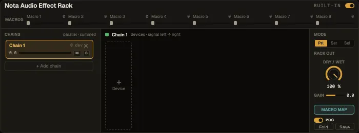 Nota Audio Effect Rack: macros, the chain list and the selected chain