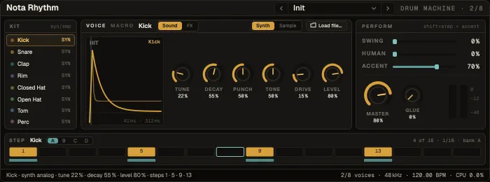 Nota Rhythm: the kit, the selected voice, Perform and the step strip