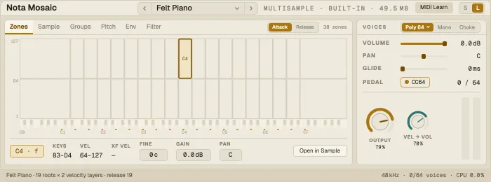 Nota Mosaic, Zones tab: the zone map over the keyboard and the Voices rail