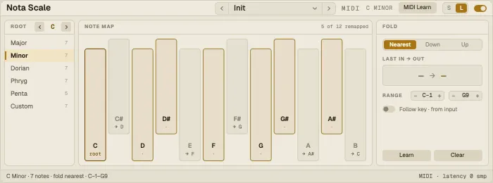 Nota Scale: root and type, the note map and the fold settings