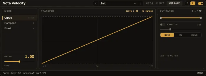 Nota Velocity: mode, the transfer curve with the last notes, the output range