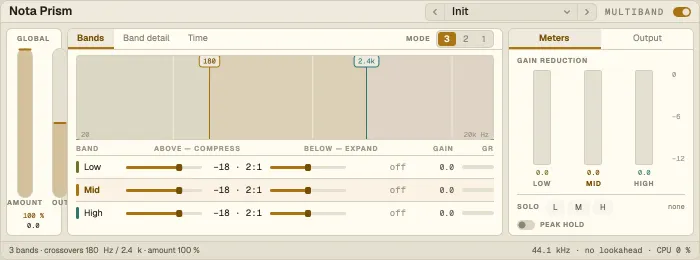 Nota Prism, Bands tab with the spectrum and crossovers