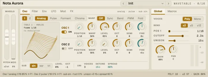 Nota Aurora, Osc tab with the wavetable stack