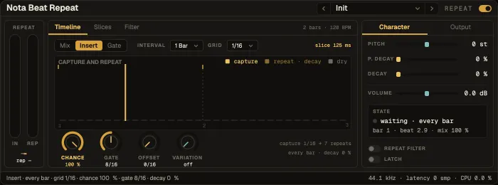 Nota Beat Repeat, Timeline tab with capture and repeats over two intervals