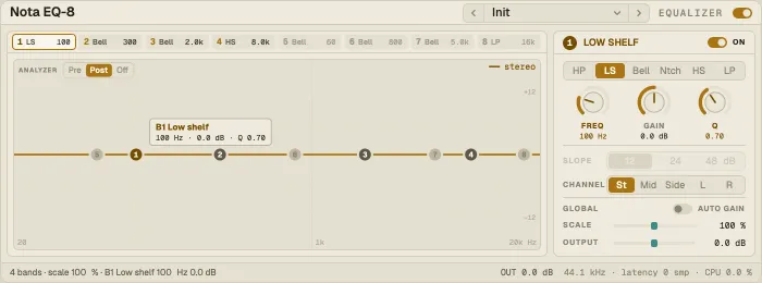 Nota EQ-8 with the band chips, the response graph and the band panel