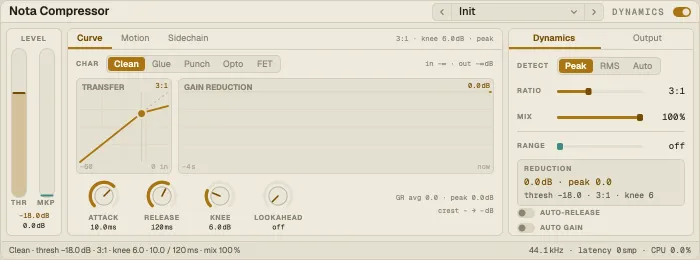 Nota Compressor, Curve tab with the transfer curve and reduction history