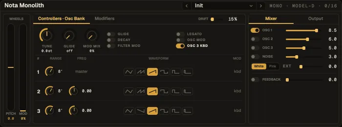 Nota Monolith, Controllers · Osc Bank tab
