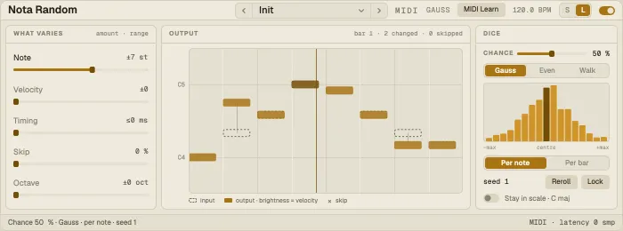 Nota Random: what varies, the output bar and the dice