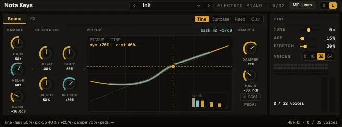 Nota Keys, Sound tab: hammer, resonator, the pickup curve, damper and the Play rail
