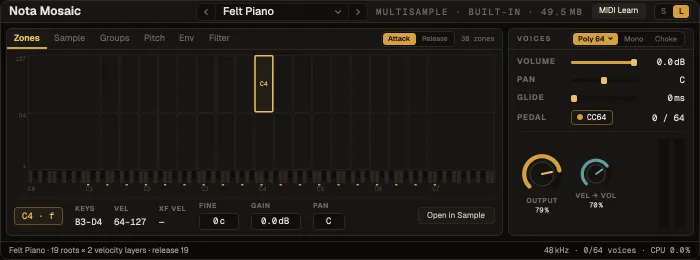 Nota Mosaic, Zones tab: the zone map over the keyboard and the Voices rail