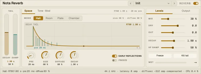 Nota Reverb, Space tab with the decay-tail window