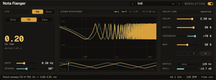 Nota Flanger: the LFO, the live comb response and the delay line