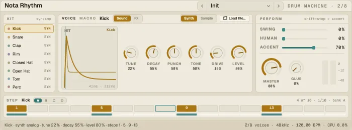 Nota Rhythm: the kit, the selected voice, Perform and the step strip