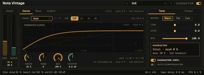 Nota Vintage, Curve tab with the transfer curve